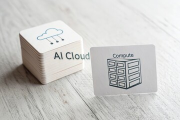 Minimal flat lay of AI Cloud paper cube outlined server stack