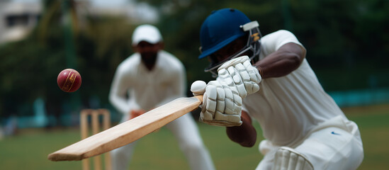 Close-up of cricket batsman playing shot, ball approaching bat, wicketkeeper behind, concept of sports intensity, precision, and teamwork in cricket game. cricket batsman, wicketke
