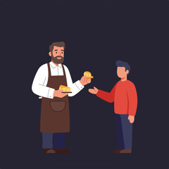Aproned man proffers cheese slice to customer on dark background