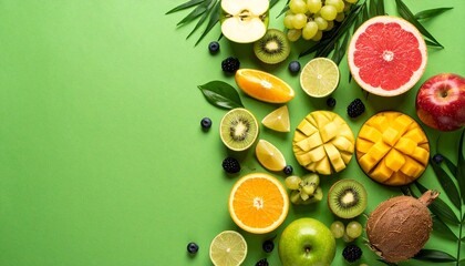 A vibrant arrangement of various fruits is displayed on a green background