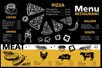 Menu template design for restaurant, hand drawn illustration. 