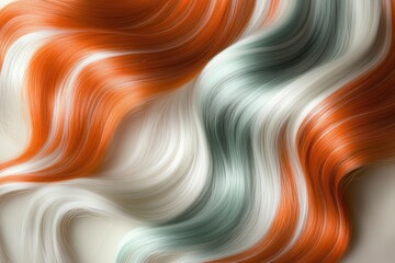Strikingly styled, flowing hair strands in vibrant shades of orange, white, and sage green, featuring a smooth, elegant texture and dynamic movement.