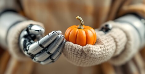 Robot Holding a Miniature Pumpkin in Mittens, Conceptual Halloween Image