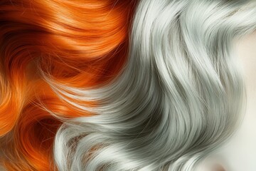 Vibrant ombre hair showcasing a blend of fiery orange and cool gray tones, highlighting the texture and movement of the flowing locks.