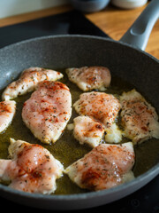 Frying chicken cutlets in frying pan, close-up	