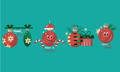 2026. Merry and Bright Vector Illustration of Playful Christmas Ornaments, Smiling Faces, Candy Canes, and Gift Boxes in Fun Flat Modern Style for Greeting Card, Poster, or Party Invitation.