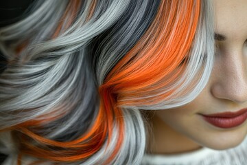 Close-up view of vibrant, multicolored hair with graceful, flowing curls; the interplay of shades of gray, black, and rich orange creates a striking visual effect.