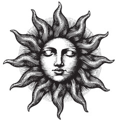 Vintage Engraved Sun Face Illustration &ndash; Mystical Celestial Symbol in Black and White

