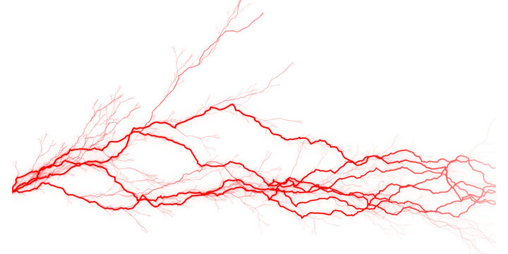 A vibrant red lightning bolt crackles across a stark transparent background, its energetic branches illuminating the void with a powerful electrical discharge, isolated on transparent background