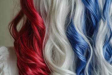 Close-up view of wavy hair with vibrant red, white, and blue highlights, showcasing a striking color combination.