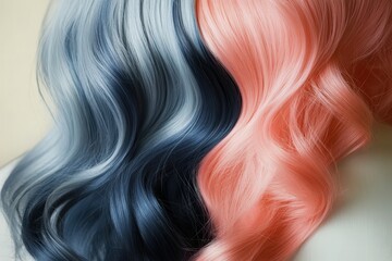 Close-up of beautifully styled hair with a striking ombre effect, showcasing a gradient of soft blues and purples transitioning to a vibrant peachy-pink.