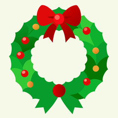 Christmas Wreath Decoration _ Green wreath with red ribbon bow, holly berries, ornaments.
