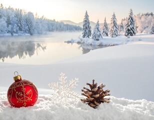 Snowy landscape with Christmas ornament, snowflake, and pinecone