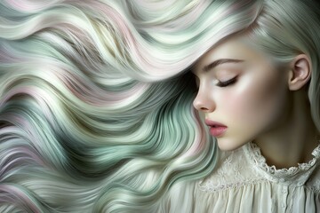 A captivating portrait showcasing a young woman with vibrant, multi-toned, wavy hair in shades of pastel pink, pale green, and silver, styled in elegant flowing waves.