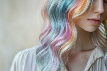 Close-up view of a woman's wavy, colorful hair with pastel hues and soft lighting.