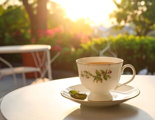 Steaming teacup on a patio table at sunset, garden backdrop