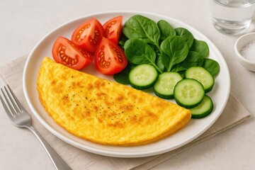 Fresh omelette with tomato wedges, cucumber rounds, and spinach on white plate