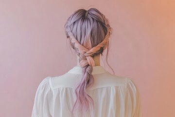 A woman's back view showcases a stylish braided updo with vibrant pink and purple hair against a soft pastel backdrop.