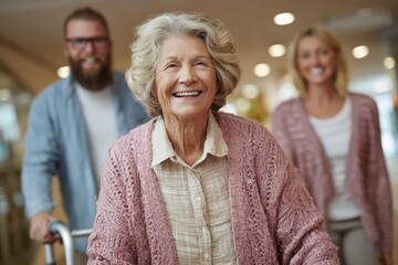 Smiling senior woman walking with a walker, supported by her family
