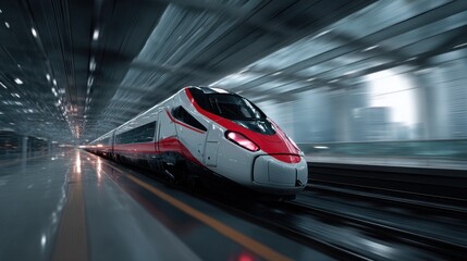 Fototapeta premium A high-speed train glides swiftly along tracks in a bustling urban station during evening hours. The sleek design and vibrant colors stand out against the city backdrop.