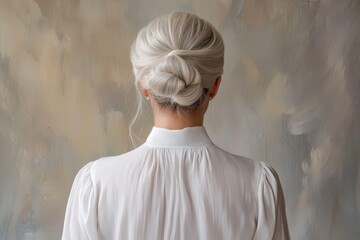 A woman with styled gray hair and a white blouse stands before an abstract painting, exuding a calm and contemplative mood.