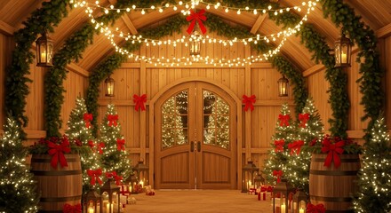 Magical Christmas Eve scene with illuminated trees gifts and rustic doorway