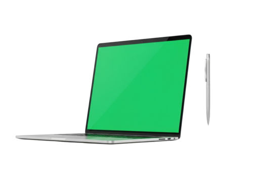 Sleek modern silver laptop open with vibrant green chromakey screen at 45-degree angle, slender silver pen, against seamless transparent background, no shadows, Concept of modern technology and