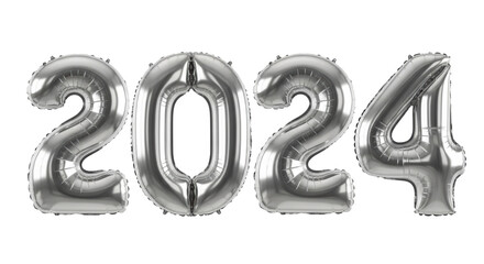 Four large golden metallic foil balloons precisely shaped '2024', reflective with crisp edges and soft highlights, against a uniform transparent background, high-end commercial studio concept