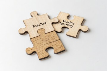 Fototapeta premium Interlocking wooden puzzle pieces with Teacher and Guides learning text