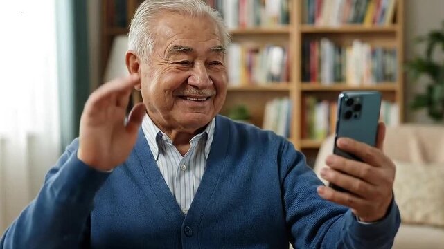 Senior man using smartphone for video call, waving hand and smiling warmly, showing concept of elderly adapting to modern digital communication.&rdquo;
