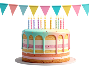 Festive Birthday Setup – Colorful Cake with Decorative Banners PNG