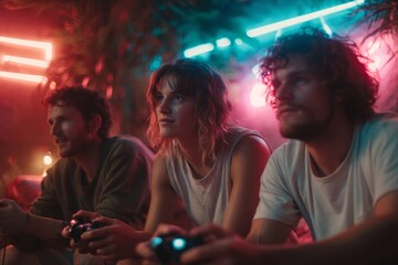 Friends playing video games under vibrant neon lighting at night, focusing on the screen