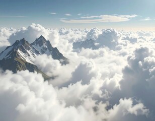 Snowy peaks pierce a vast, fluffy sea of clouds under a bright sky