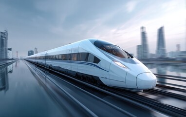 Naklejka premium A high-speed train rushes through a bustling urban landscape, showcasing its sleek design against towering buildings under a cloudy sky.