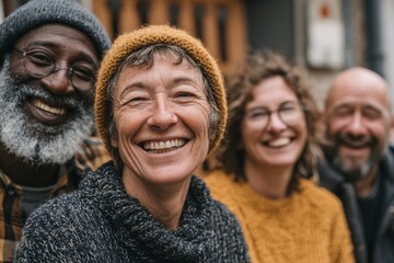Fototapeta premium Diverse group of smiling mature friends expressing happiness and friendship