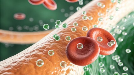 Blood, oxygen and biology concept. Microscopic view of blood cells and plasma in a vessel.