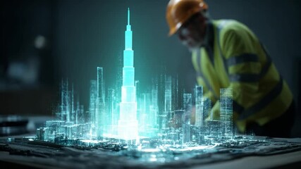Visionary Blueprint: A skilled architect in a hard hat meticulously reviews a holographic city model, immersed in the details of a futuristic construction project. - Powered by Adobe