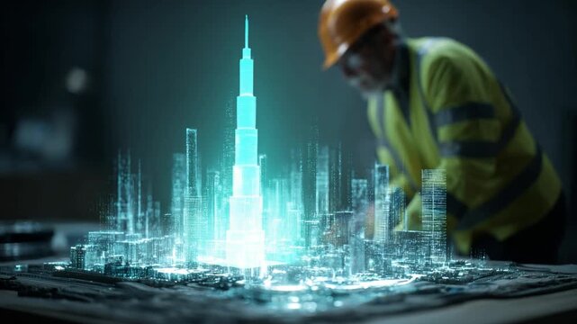 Visionary Blueprint: A skilled architect in a hard hat meticulously reviews a holographic city model, immersed in the details of a futuristic construction project.