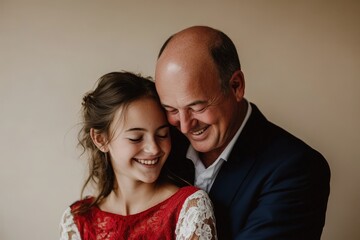 A joyful embrace captures a father and daughter sharing a warm moment of affection against a neutral backdrop.