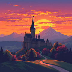 Landscape with castle and sunset illustration