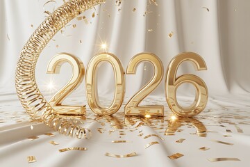 2026 New Year Celebration with Luxurious Gold 3D Text, Sparkling Confetti, and Elegant Silk Background for Premium Holiday Marketing Materials