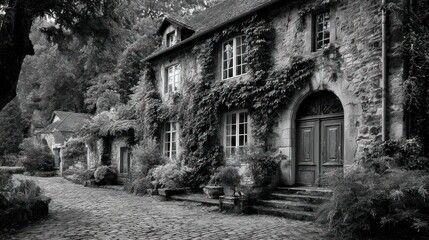 Black and white stone house with overgrown vines