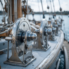 stainless steel winches and nautical ropes in close-up
