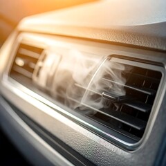 Smoke emerges from a car's air vent, suggesting a problem with the vehicle's AC system