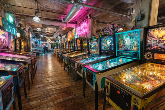 Vintage pinball machines illuminate a retro-themed arcade hall, creating a playful and nostalgic atmosphere