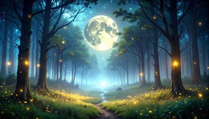 Dark haunted forest with glowing fireflies and eerie full moon, subtle fog and soft empty space for writing