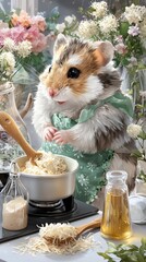 A cute hamster cooking in a floral setting. Pet Humanization hamster cooking, tiny utensils Pet Humanization flat vector, playful art Pet Humanization illustration