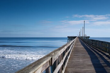 Obraz premium Wooden pier extending into calm ocean under blue sky