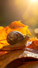 Snail on autumn leaves backlit by sun