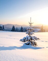 Solitary snow-covered evergreen in a tranquil, snow-laden mountainous landscape bathed in the warm glow of sunrise